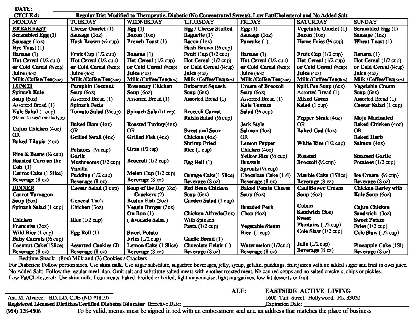 assisted living dining room menu